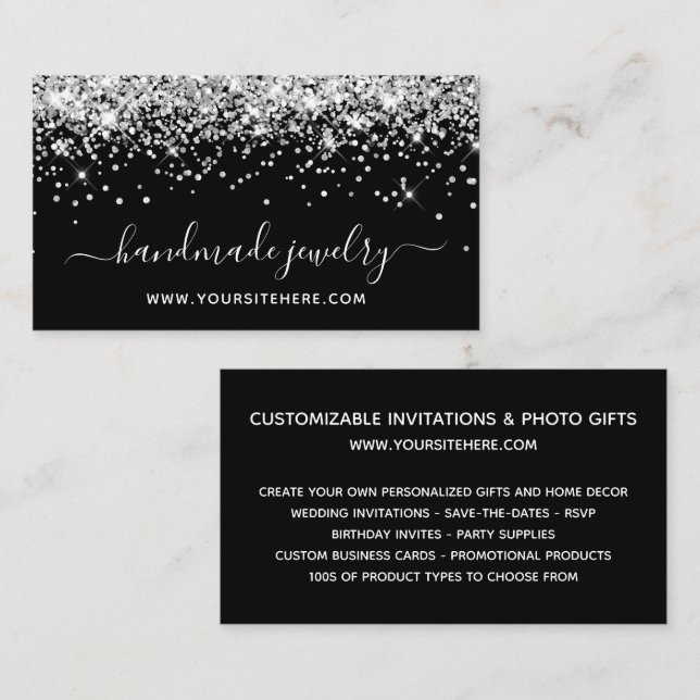 Silver Glitter Signature Style Online Store Black Business Card (Front/Back)