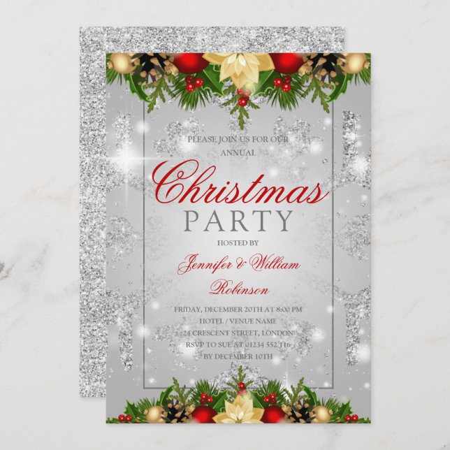 Silver Glitter Snowflake Festive Xmas Holiday  Invitation (Front/Back)