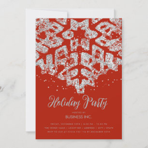 Silver Glitter Snowflake Holiday Party Red Invitation