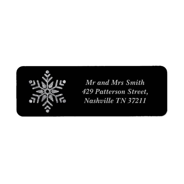 Silver Glitter Snowflake in Black Background Return Address Label (Front)