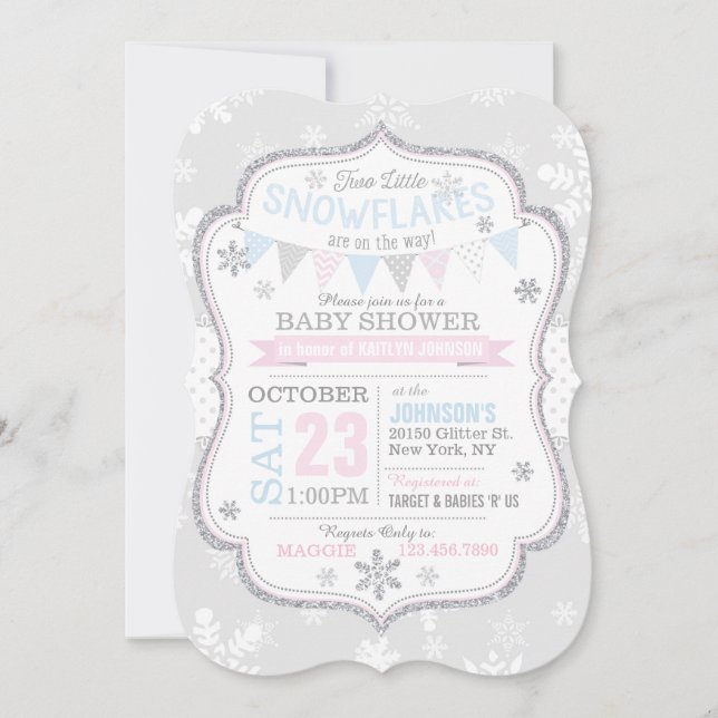 Silver Glitter Snowflake Twins Baby Shower Invitation (Front)