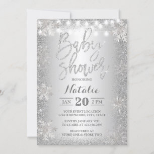Silver Glitter Snowflake Winter Baby Shower Invitation