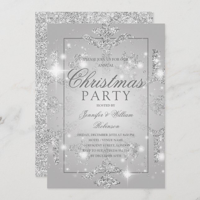 Silver Glitter Snowflake Xmas Holiday Party  Invitation (Front/Back)