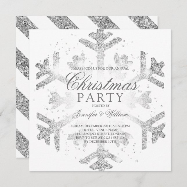 Silver Glitter Snowflake Xmas Holiday Party Invitation (Front/Back)