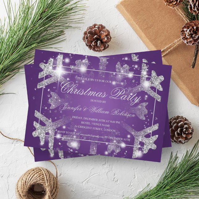 Silver Glitter Snowflake Xmas Holiday Party Purple Invitation (Silver Glitter Snowflake Xmas Holiday Party Purple Invitation)