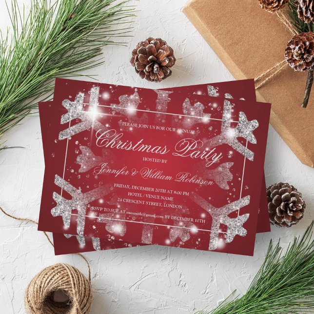 Silver Glitter Snowflake Xmas Holiday Party Red  Invitation (Silver Glitter Snowflake Xmas Holiday Party Red Invitation)