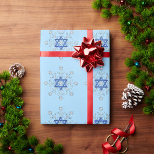 Silver Glitter Snowflakes Blue Star of David   Wrapping Paper