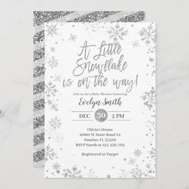 Silver Glitter Snowflakes Winter Baby Shower   Invitation (Front/Back)