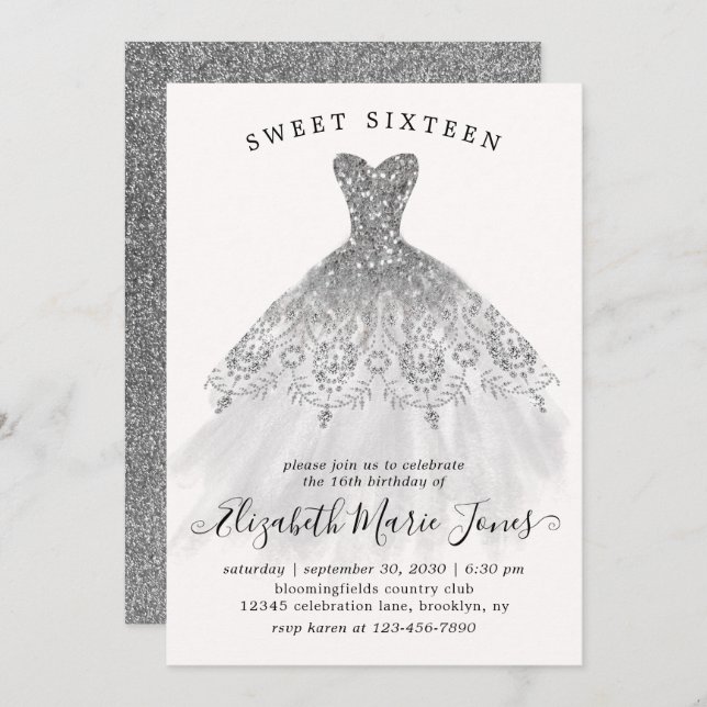 Silver Glitter Sparkle Dress Sweet 16th Birthday Invitation (Front/Back)