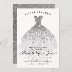 Silver Glitter Sparkle Dress Sweet 16th Birthday Invitation