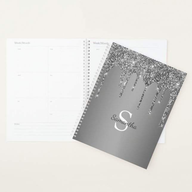 Silver Glitter Sparkle Drip Foil Monogram Name Planner (Display)