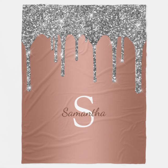 Silver Glitter Sparkle Drip Rose Gold Monogram Fleece Blanket (Front)