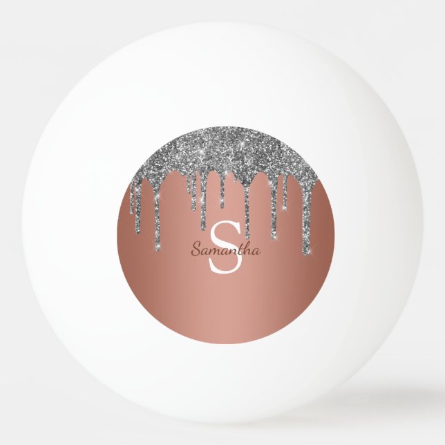 Silver Glitter Sparkle Drips Rose Gold Monogram Ping Pong Ball (Front)