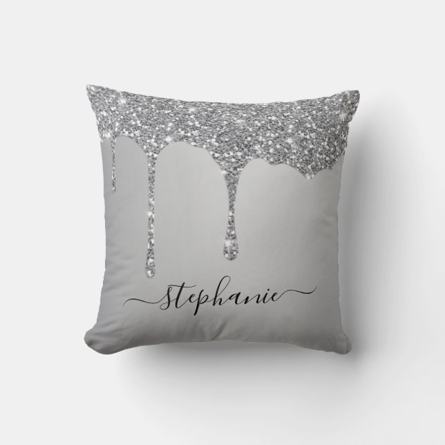 Silver Glitter Sparkle Drips Script Custom Name Cushion (Front)