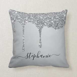 Silver Glitter Sparkle Drips Script Custom Name Cushion