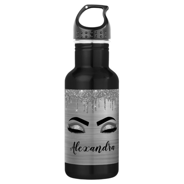 Silver Glitter Sparkle Eyelashes Monogram Name 532 Ml Water Bottle (Front)