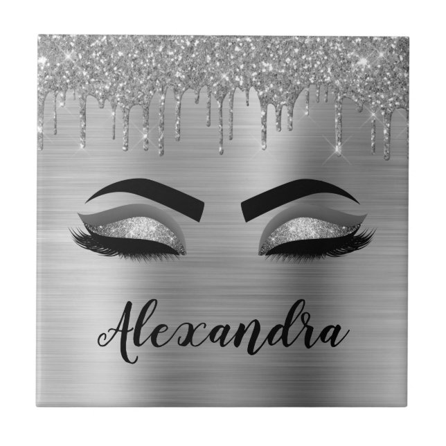 Silver Glitter Sparkle Eyelashes Monogram Name Ceramic Tile (Front)