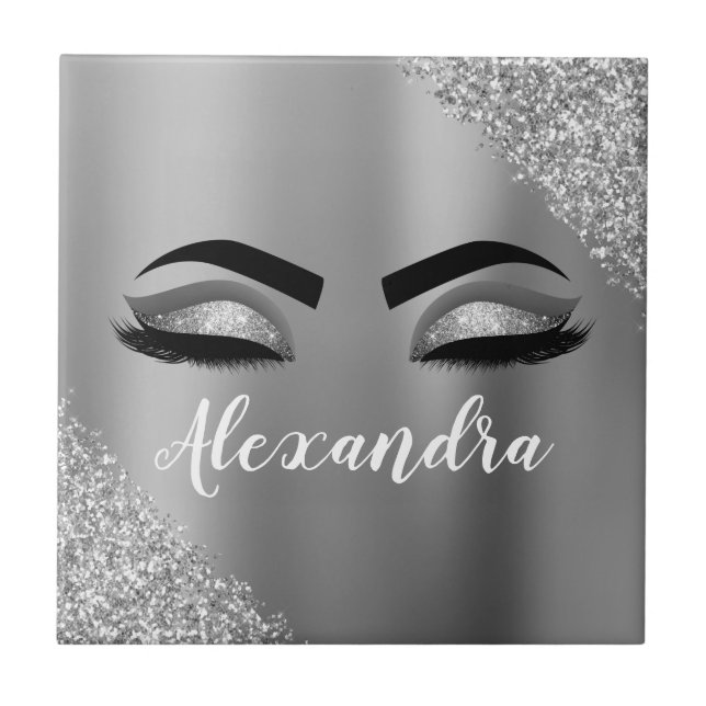 Silver Glitter Sparkle Eyelashes Monogram Name Ceramic Tile (Front)