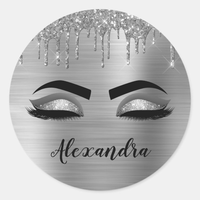 Silver Glitter Sparkle Eyelashes Monogram Name Classic Round Sticker (Front)