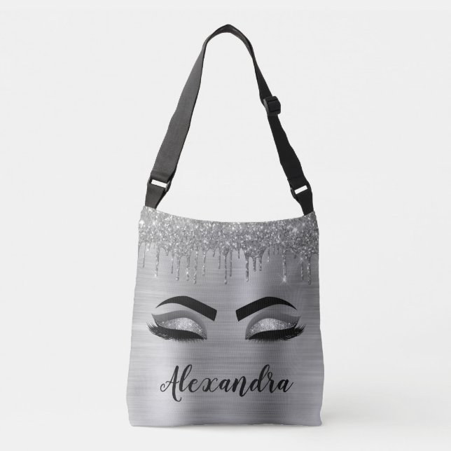 Silver Glitter Sparkle Eyelashes Monogram Name Crossbody Bag (Front)