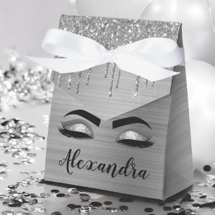 Silver Glitter Sparkle Eyelashes Monogram Name Favour Box