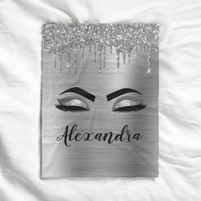 Silver Glitter Sparkle Eyelashes Monogram Name Fleece Blanket (Creator Uploaded)