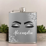 Silver Glitter Sparkle Eyelashes Monogram Name Hip Flask<br><div class="desc">Silver Faux Foil Metallic Sparkle Glitter Brushed Metal Monogram Name and Initial Eyelashes (Lashes),  Eyelash Extensions and Eyes Makeup Flask. This makes the perfect sweet 16 birthday,  wedding,  bridal shower,  anniversary,  baby shower or bachelorette party gift for someone decorating her room in trendy cool style.</div>