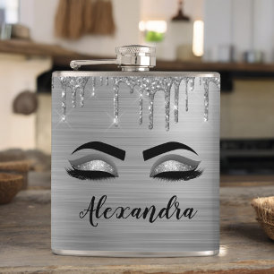 Silver Glitter Sparkle Eyelashes Monogram Name Hip Flask