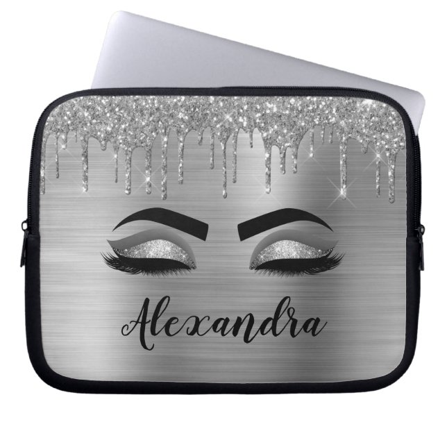 Silver Glitter Sparkle Eyelashes Monogram Name Laptop Sleeve (Front)