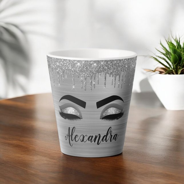 Silver Glitter Sparkle Eyelashes Monogram Name Latte Mug (Creator Uploaded)