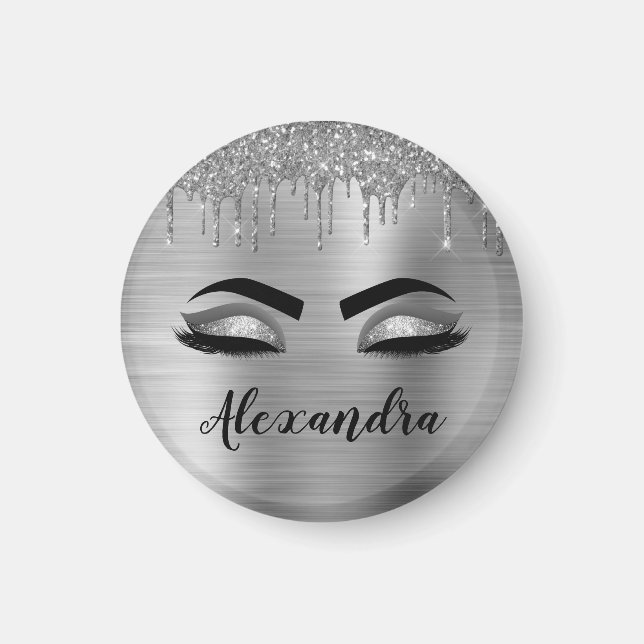 Silver Glitter Sparkle Eyelashes Monogram Name Magnet (Front)