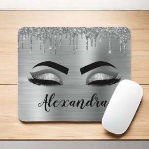 Silver Glitter Sparkle Eyelashes Monogram Name Mouse Pad