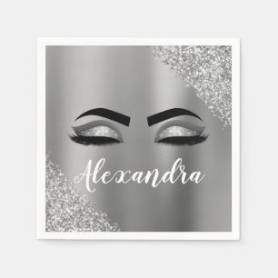 Silver Glitter Sparkle Eyelashes Monogram Name Napkin