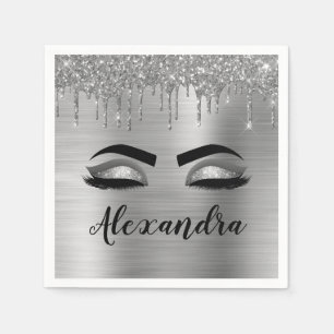 Silver Glitter Sparkle Eyelashes Monogram Name Napkin