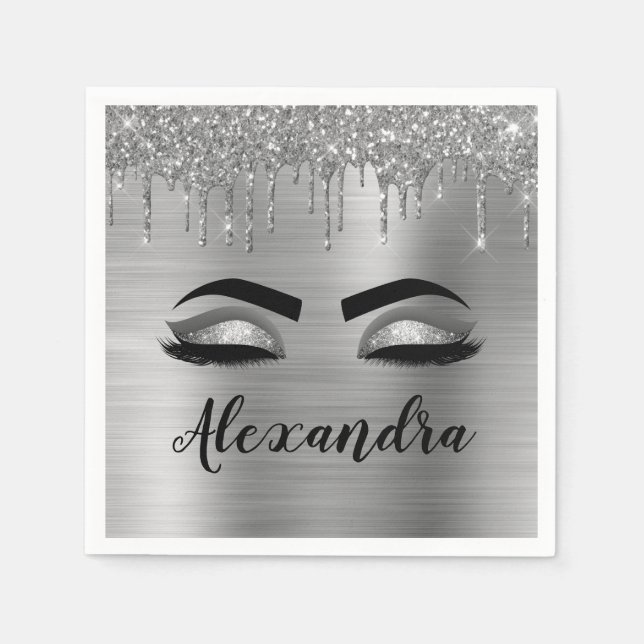 Silver Glitter Sparkle Eyelashes Monogram Name Napkin (Front)