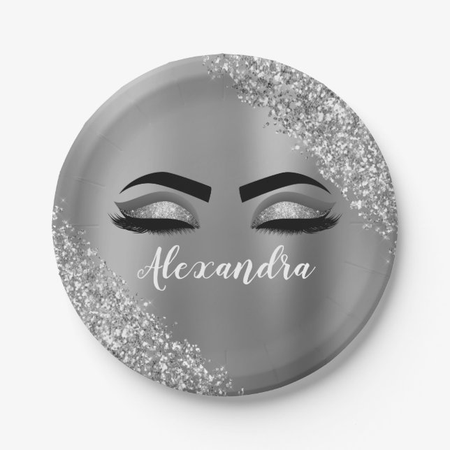 Silver Glitter Sparkle Eyelashes Monogram Name Paper Plate (Front)