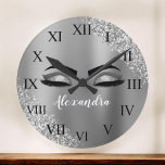 Silver Glitter Sparkle Eyelashes Monogram Name Round Clock<br><div class="desc">Silver Faux Foil Metallic Sparkle Glitter Brushed Metal Monogram Name and Initial Eyelashes (Lashes),  Eyelash Extensions and Eyes small decorative clock. The design makes the perfect sweet 16 birthday,  wedding,  bridal shower,  anniversary,  baby shower or bachelorette party gift for someone looking for a trendy cool style.</div>