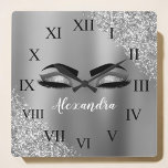 Silver Glitter Sparkle Eyelashes Monogram Name Square Wall Clock<br><div class="desc">Silver Faux Foil Metallic Sparkle Glitter Brushed Metal Monogram Name and Initial Eyelashes (Lashes),  Eyelash Extensions and Eyes cute wall clock. The design makes the perfect sweet 16 birthday,  wedding,  bridal shower,  anniversary,  baby shower or bachelorette party gift for someone looking for a trendy cool style.</div>