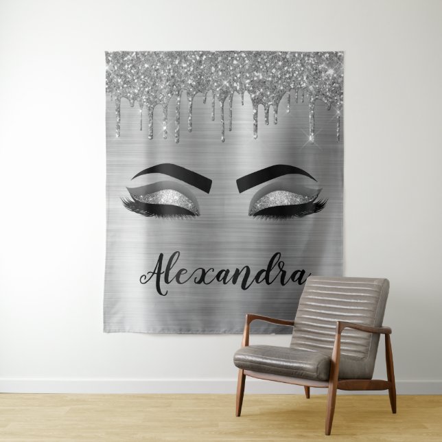 Silver Glitter Sparkle Eyelashes Monogram Name Tapestry (In Situ)