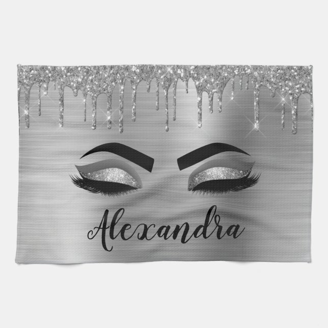 Silver Glitter Sparkle Eyelashes Monogram Name Tea Towel (Horizontal)