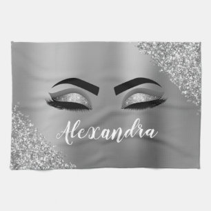 Silver Glitter Sparkle Eyelashes Monogram Name Tea Towel