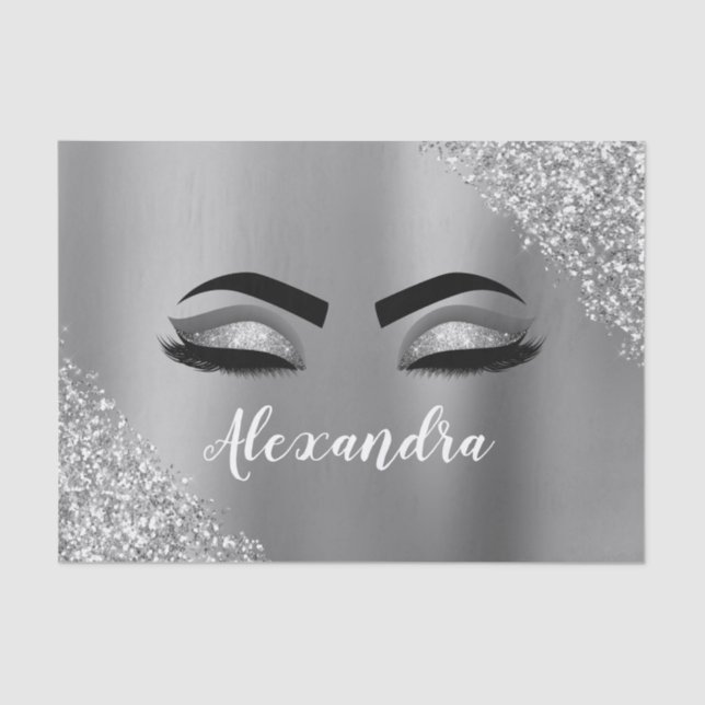 Silver Glitter Sparkle Eyelashes Monogram Name Tissue Paper (Front)