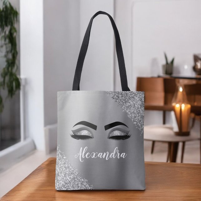 Silver Glitter Sparkle Eyelashes Monogram Name Tote Bag (Creator Uploaded)