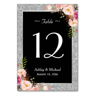 Silver Glitter Sparkle Floral Wedding Table Number