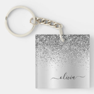 Silver Glitter Sparkle Glam Metal Monogram Name Key Ring