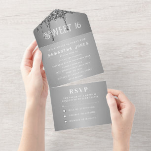 Silver Glitter Sparkle Grey Modern Sweet 16 All In One Invitation