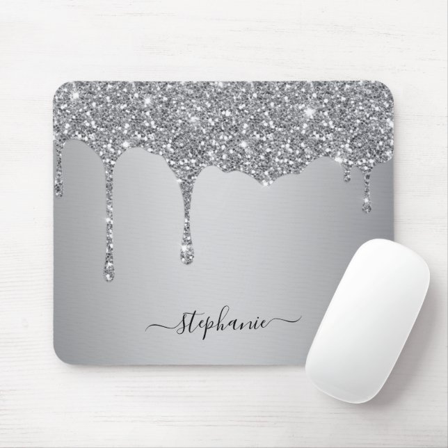 Silver Glitter Sparkle Hand Lettered Name Custom Mouse Pad (With Mouse)