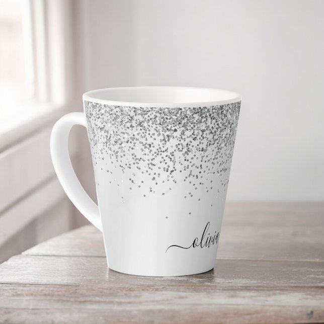 Silver Glitter Sparkle Metal Monogram Name Latte Mug (Creator Uploaded)