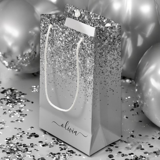 Silver Glitter Sparkle Metal Monogram Name Small Gift Bag (Creator Uploaded)