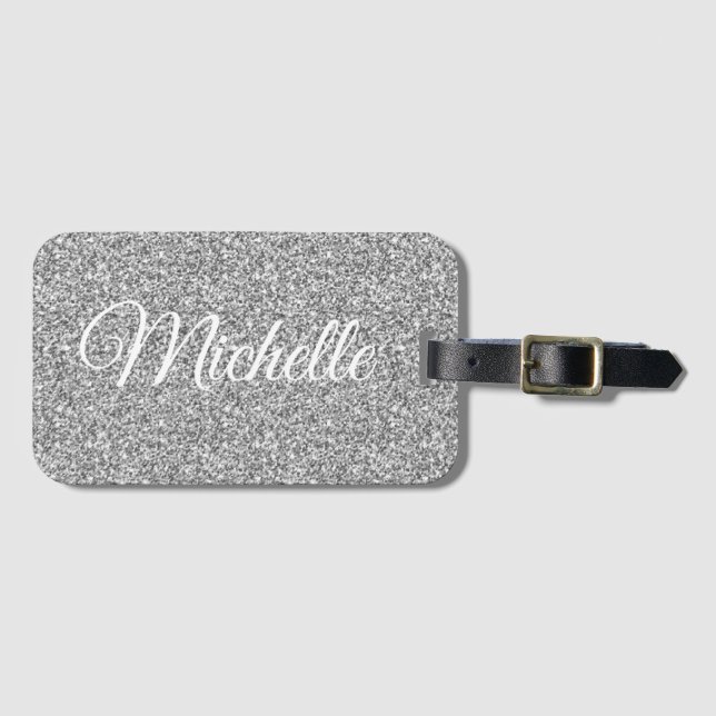 Silver Glitter Sparkle Metallic Personalized Luggage Tag (Front Horizontal)